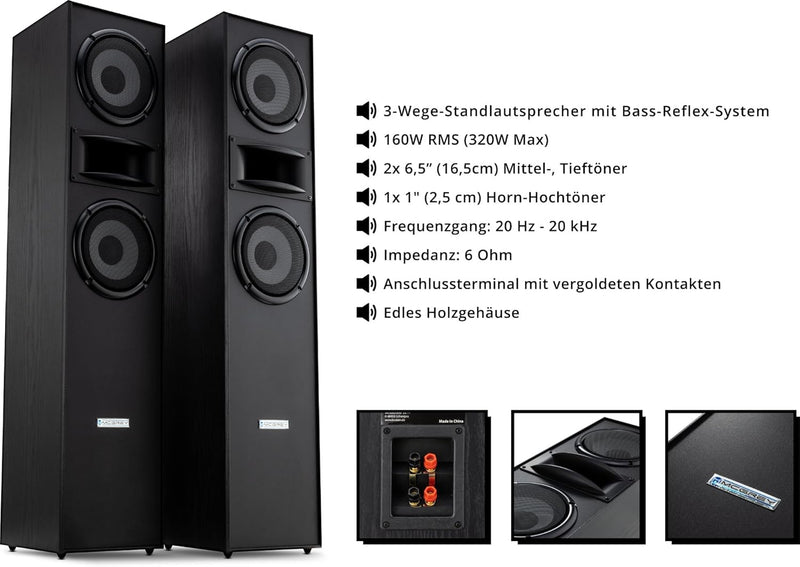 McGrey HTS-65320 BK Paar 3-Wege HiFi Standlautsprecher Paar - 160W RMS - 2 x 6,5" Mittel-, Tieftöner