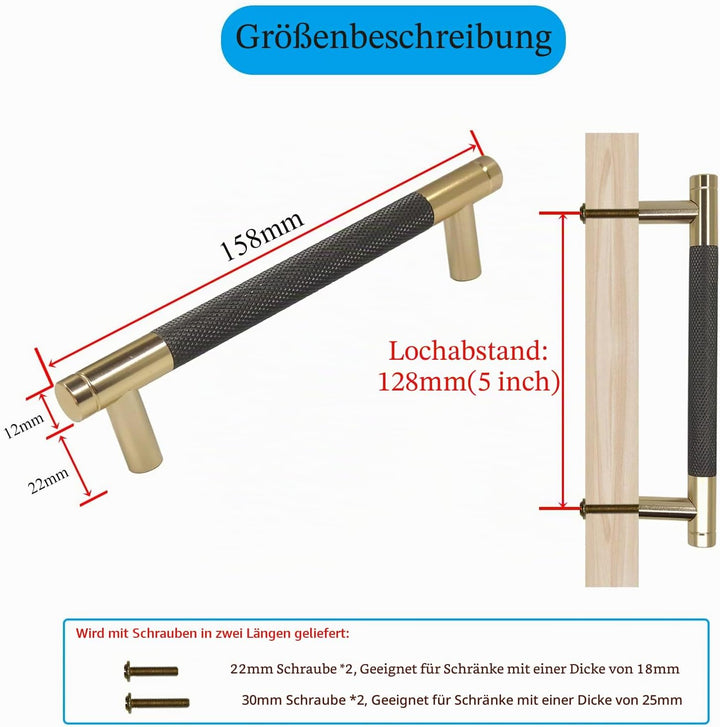 Pexintek 10 Stück Schrankgriffe Gold Moderne Griffe Möbel Möbelgriffe 128mm Lochabstand Türgriffe kü
