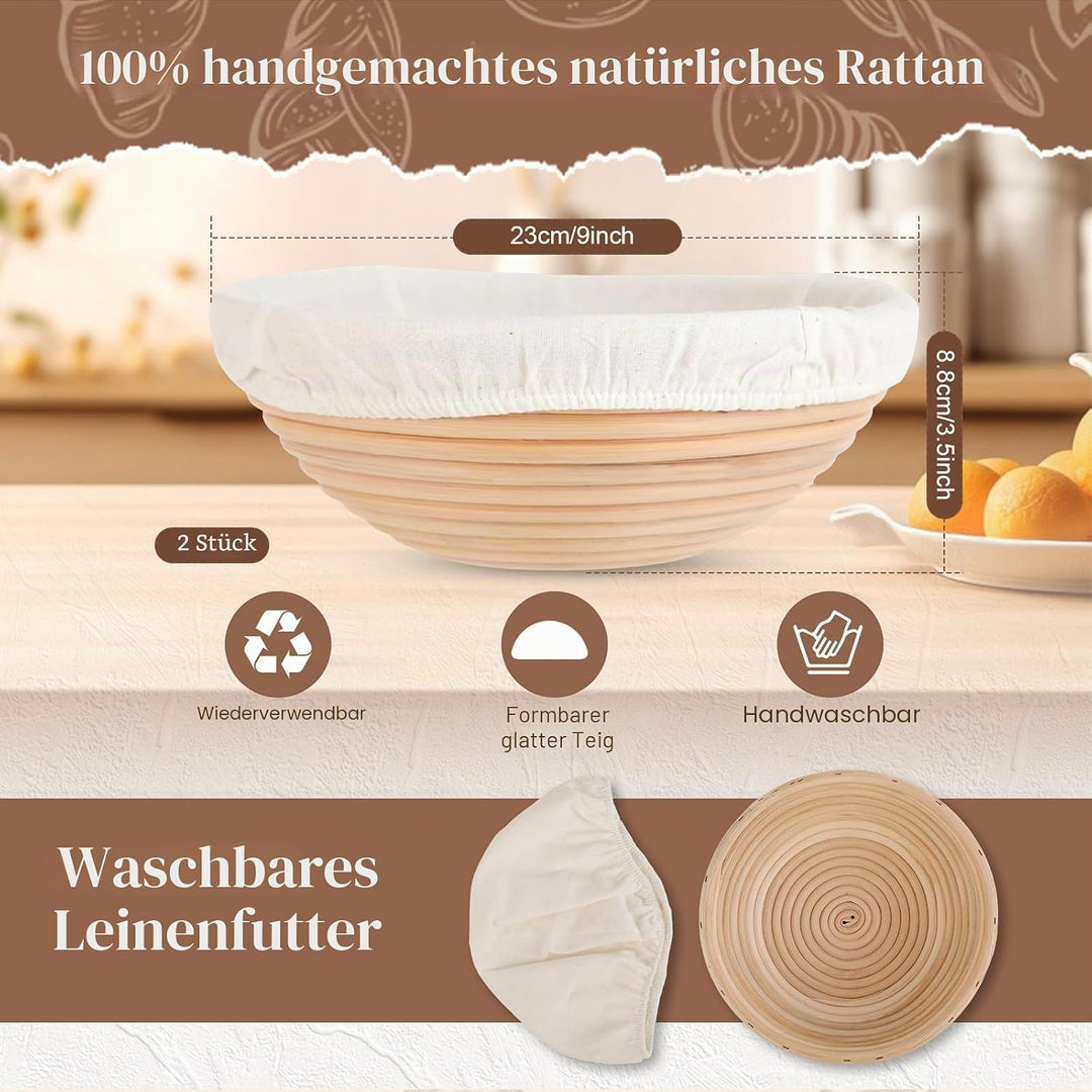 Gärkörbchen Set 2-teilig, Gärkörbchen Rund 23 cm Leinenfutter, Gärkorb Brot | Waschbares Leinen, aus