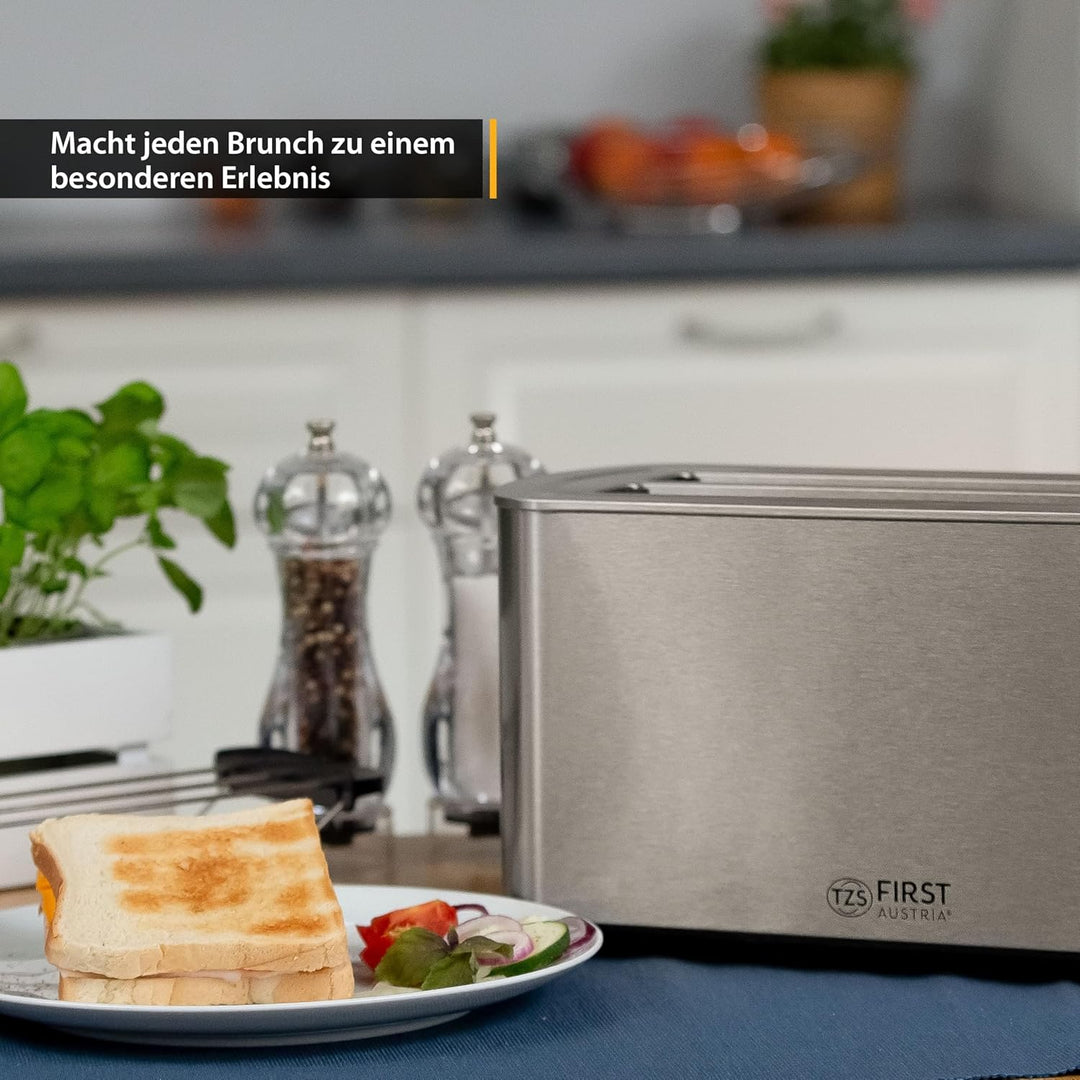 TZS First Austria Toaster Langschlitz, Edelstahl, 4 Scheiben, 1400W, mit abnehmbarem Brötchenaufsatz