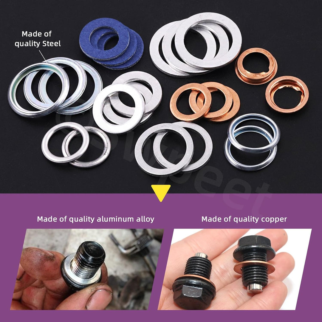 Swpeet 140Pcs 9 Arten Öl Drain Plug Dichtung Assortiment Kit, Aluminium/Kupfer/Stahl Öl Crush Unterl