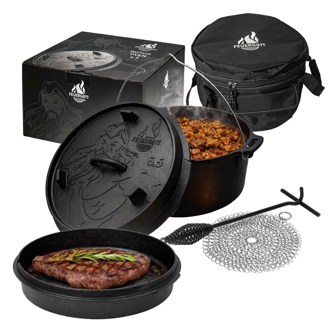 Dutch Oven Set 6,5 l ohne Füsse Gusseisen Feuertopf Schwarz mit Deckelheber Ringreiniger Transportta