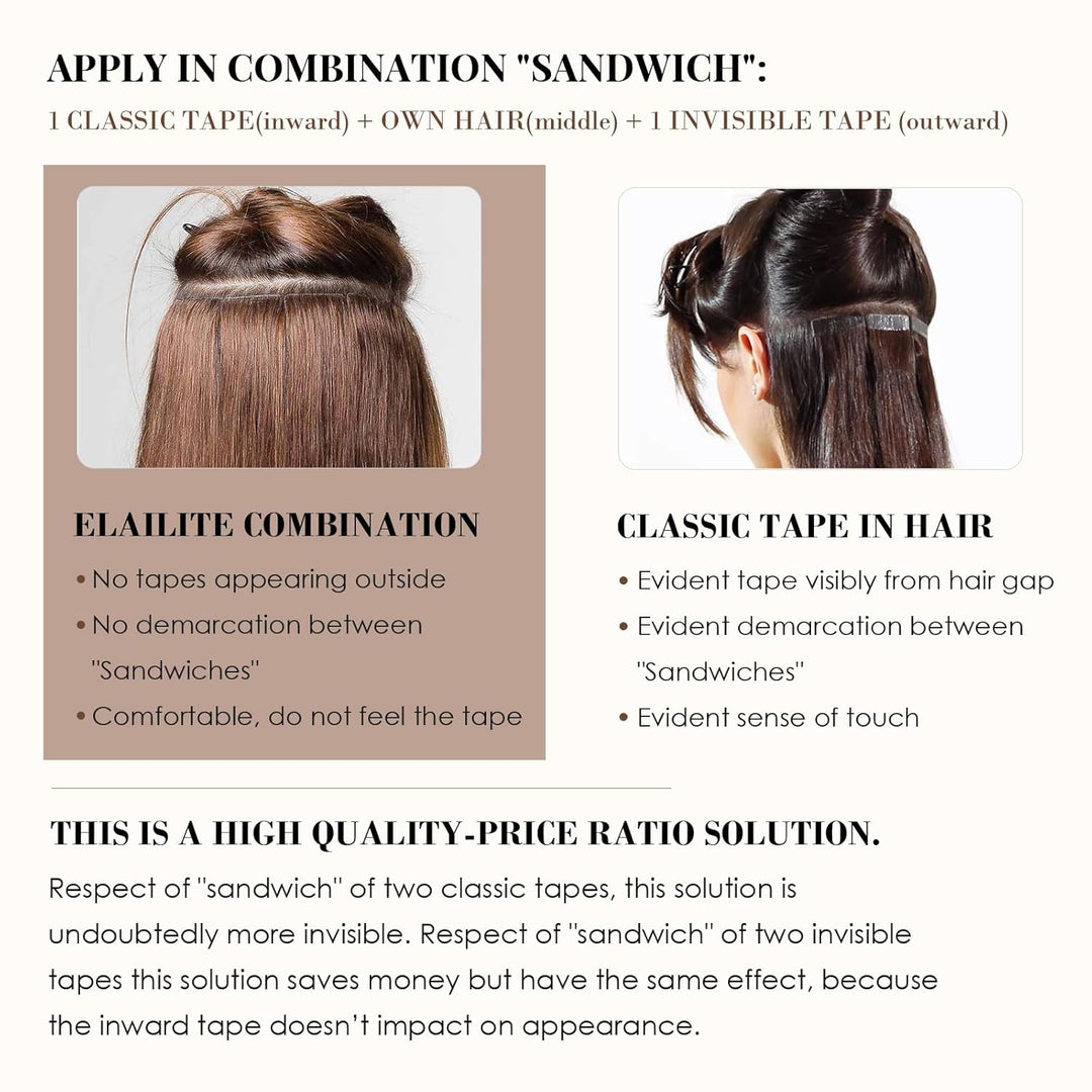 Elailite Tape Extensions Echthaar Naturschwarz, 10 Stück 20g Kleber Haarverlängerungen Invisible Gla