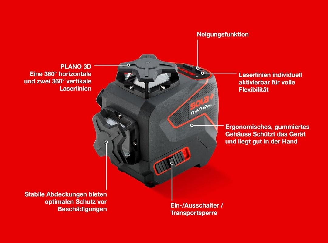 SOLA PLANO 3D GREEN RCB Set - Kreuzlinienlaser, 3 x 360° Linienlaser plus ferngesteuerte Laserbasis,