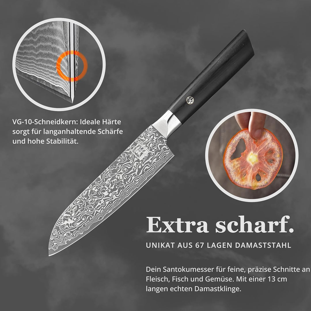 zayiko Black Edition Damastmesser kleines Santoku Messer 13,00 cm Klinge extrem scharf aus 67 Lagen