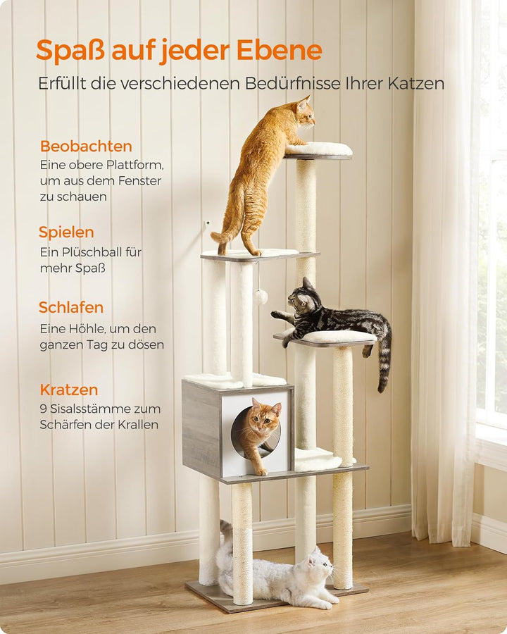 Feandrea Kratzbaum, 165 cm hoher moderner Katzenbaum, Katzenhaus mit 5 Kratzsäulen, waschbare abnehm