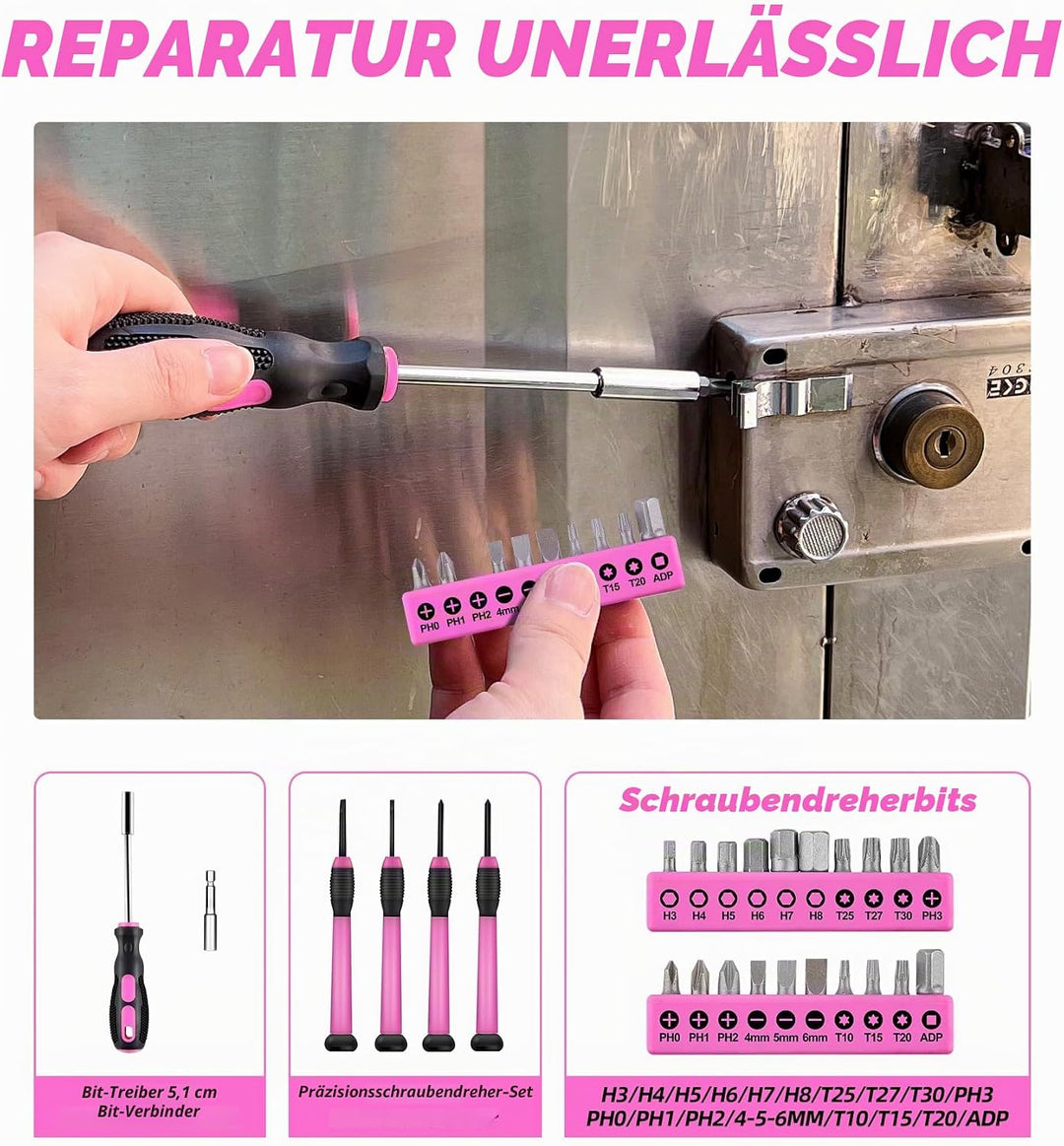 Werkzeug-Set, Pink, 40-teilig, allgemeines Haushalts-Handwerkzeug-Set mit Kunststoff-Werkzeugkasten,