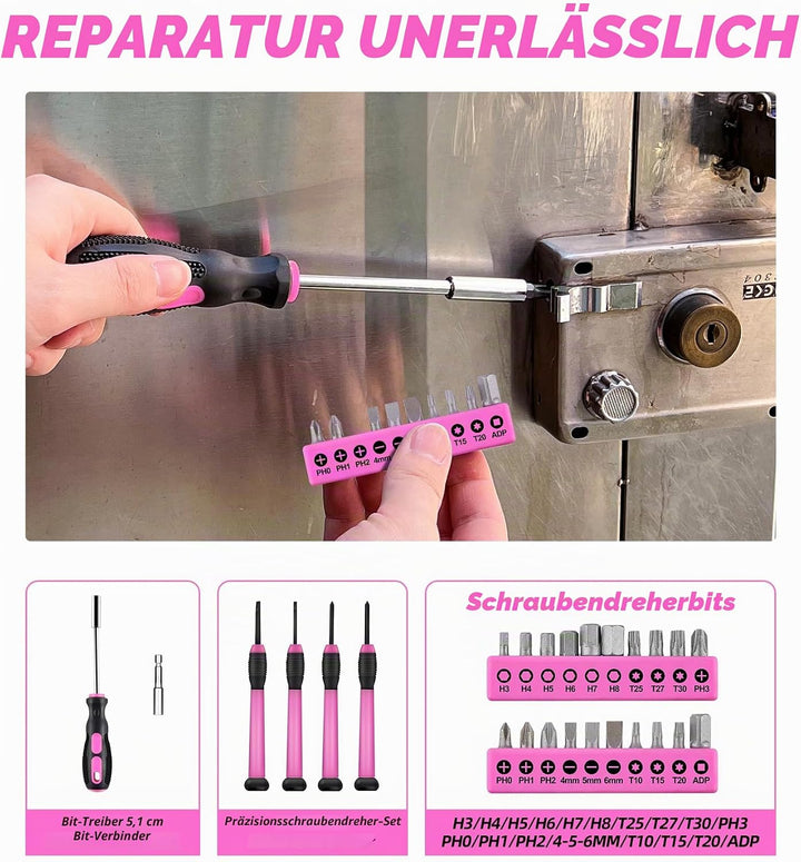 Werkzeug-Set, Pink, 40-teilig, allgemeines Haushalts-Handwerkzeug-Set mit Kunststoff-Werkzeugkasten,