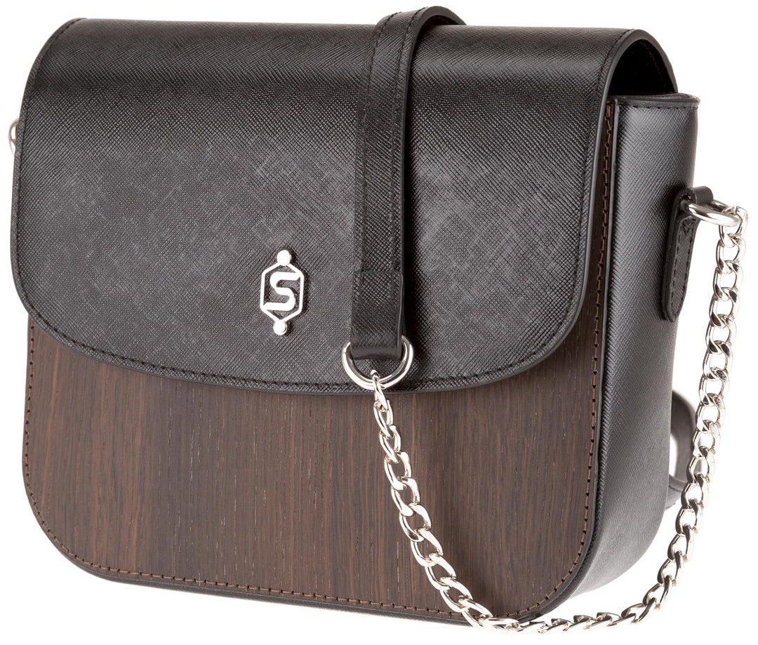 SEBASTIAN STURM Umhängetasche „Laura“ | Echtes Holz und Leder | Handtasche Klein Schwarz / Räucherei