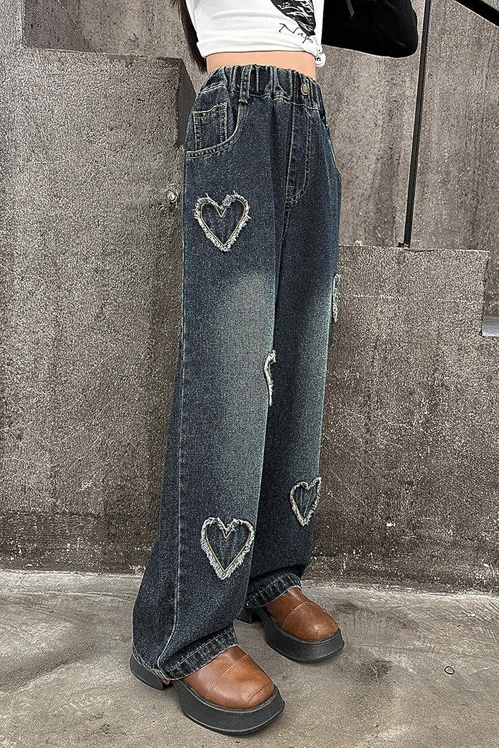 Rolanko Mädchen Jean Hosen Loch Denim Blau Jeans, Vintage Hose mit weitem Bein für Kinder Fit 8-9 Ja