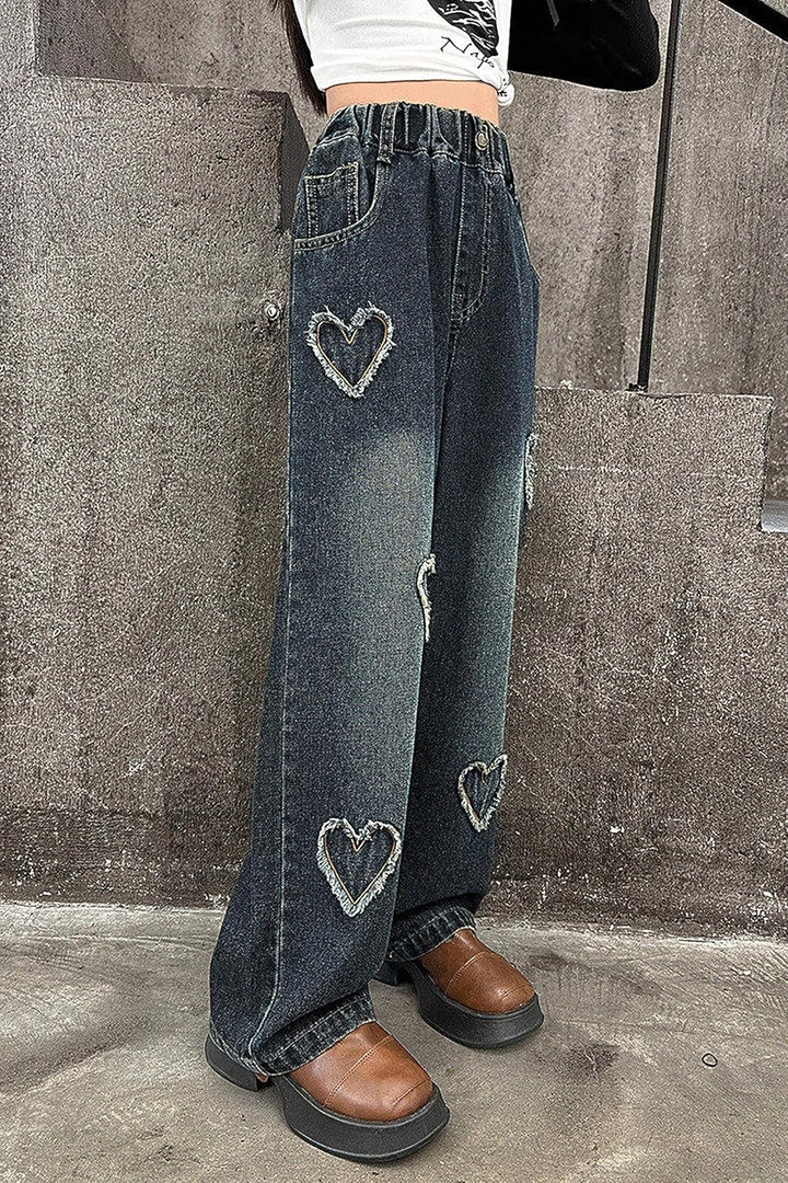 Rolanko Mädchen Jean Hosen Loch Denim Blau Jeans, Vintage Hose mit weitem Bein für Kinder Fit 8-9 Ja