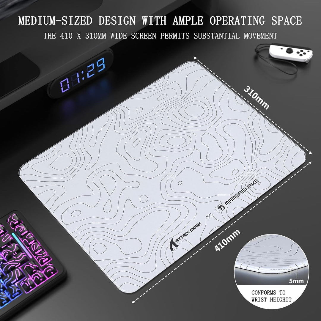 ATTACK SHARK CM05SE Gaming-Mauspad Aus Gehärtetem Glas, Ultraglatte Oberfläche, 9H Gehärtetes Glas,