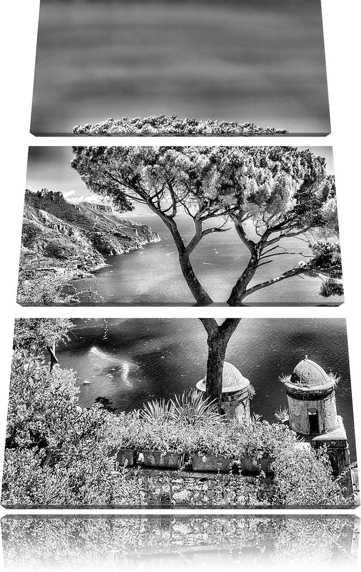 Pixxprint Monocrome, Mediteranes Meer 3-Teiler Leinwandbild 120x80 Bild auf Leinwand