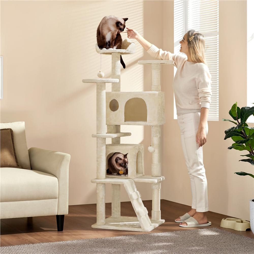 Yaheetech 158 cm Kratzbaum gross Stabiler Katzenbaum mit 2 Höhlen beige | FSC-zertifizierte Spanplat