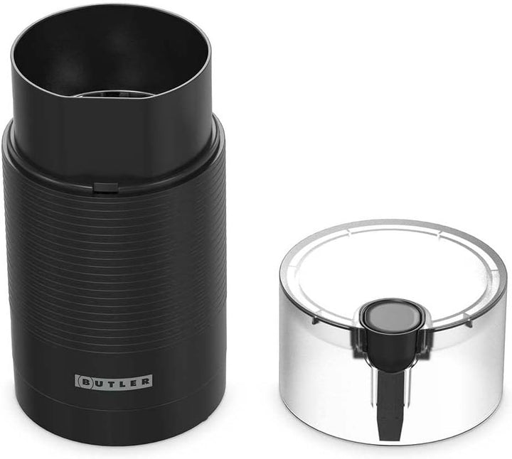Butler Kaffeemühle - 150W Elektrische Kaffeemühle mit Edelstahlmahlwerk - 70g Mahlbehälter - Schwarz