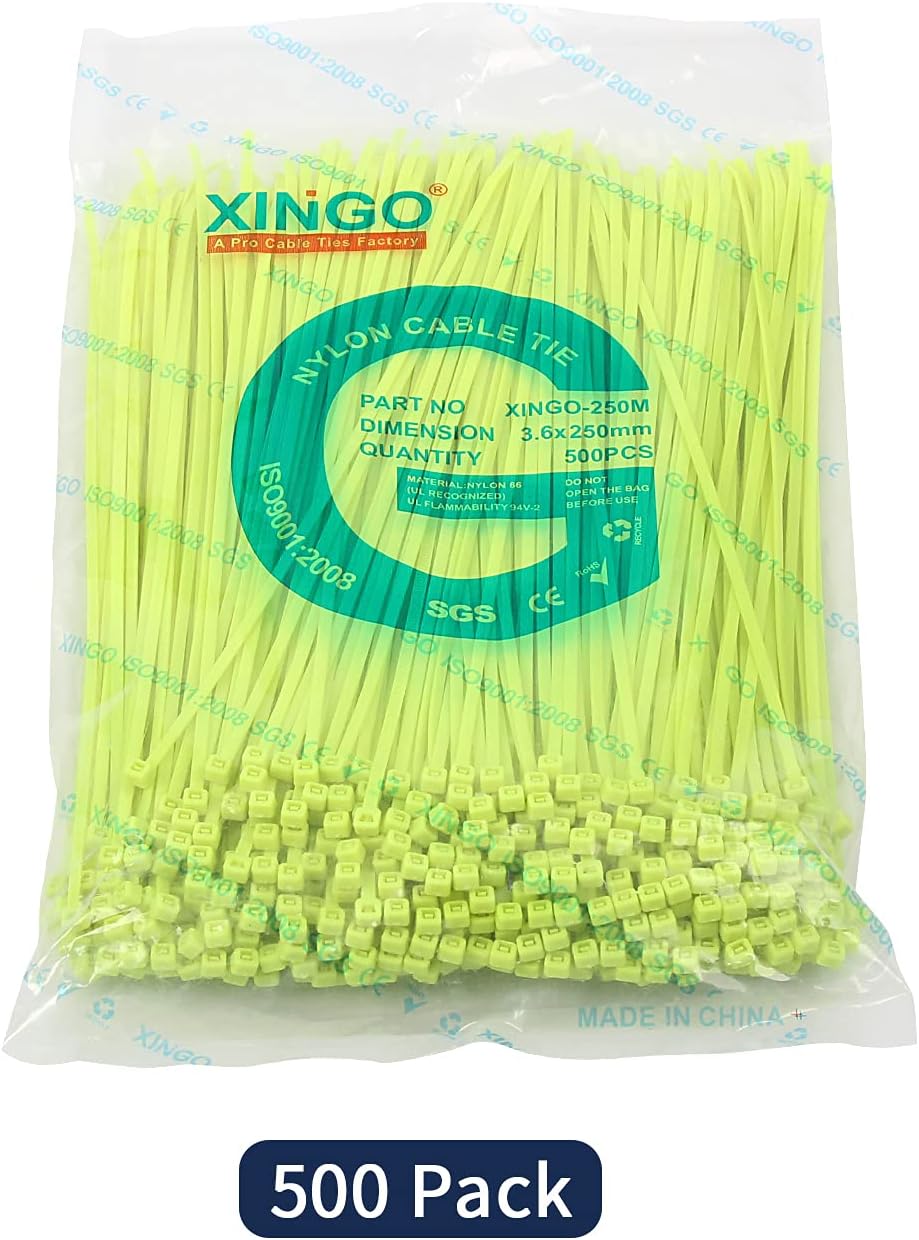 XINGO 500 Stück Kabelbinder Apfelgrün, 250mm x 3.6mm, 18,2 kg Zugfestigkeit, UV-beständig, Selbstsic