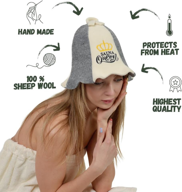 Sauna Guru Saunahut 'Sauna Queen' White - 100% organische Wollfilzmützen - Schützen Sie Ihren Kopf v