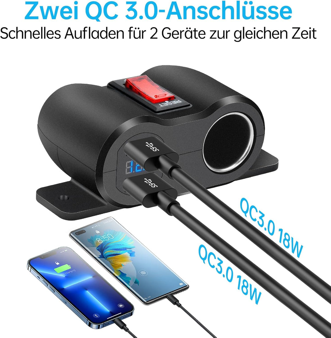 36W Upgraded 12V USB Ladebuchse, Panel mit 180 W Zigarettenanzünder Schnellladebuchse und LED Voltme