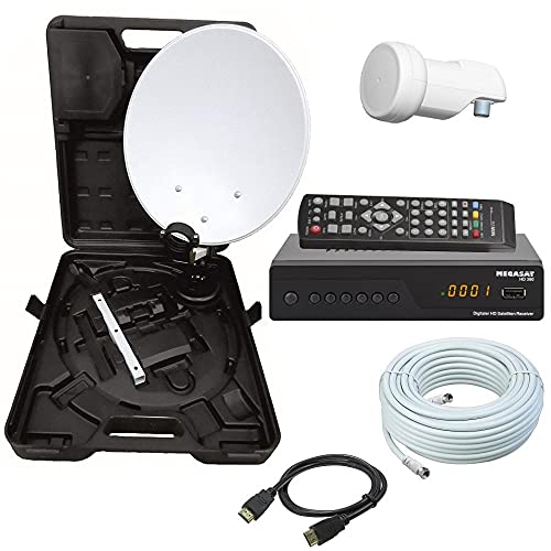 Camping SAT Koffer 40cm Spiegel + HD Receiver (12V & 220V) + Single LNB + 10m Kabel mit LNB + Kabel