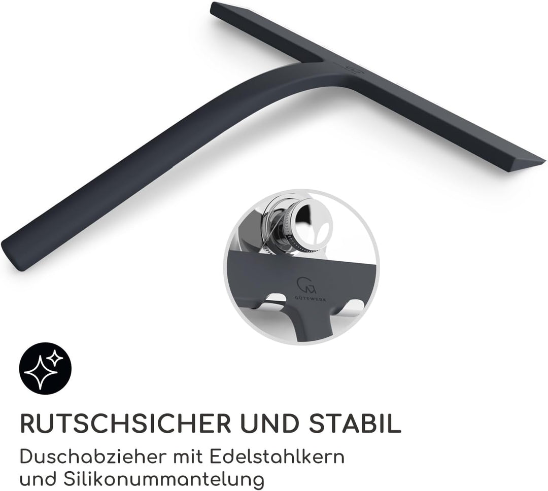 GÜTEWERK Duschabzieher Set mit Halter - schwarz 23 cm breit - ohne Bohren Silikon Abzieher Dusche Ba