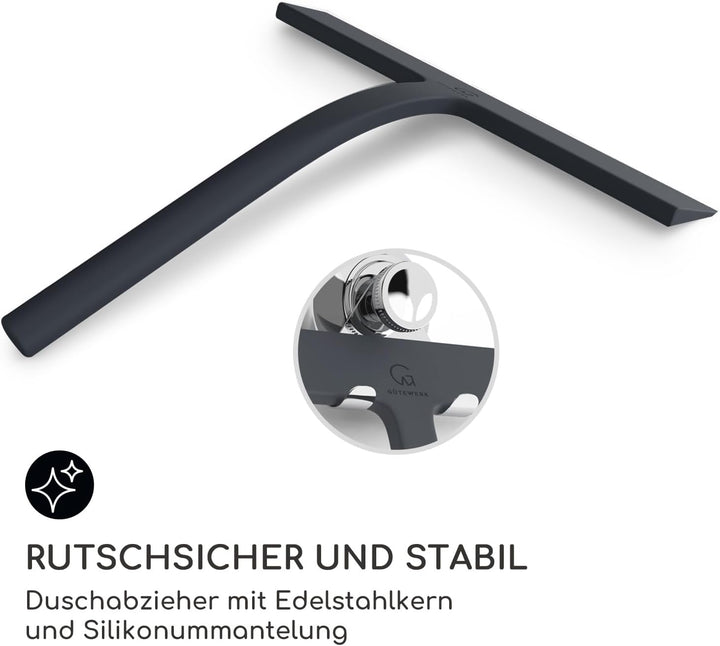 GÜTEWERK Duschabzieher Set mit Halter - schwarz 23 cm breit - ohne Bohren Silikon Abzieher Dusche Ba