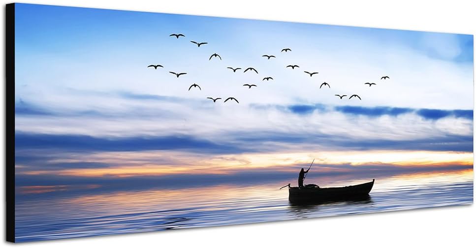 Paul Sinus Art Panoramabild auf Leinwand und Keilrahmen 150x50cm Meer Steg Möwen Fischerboot Morgenr
