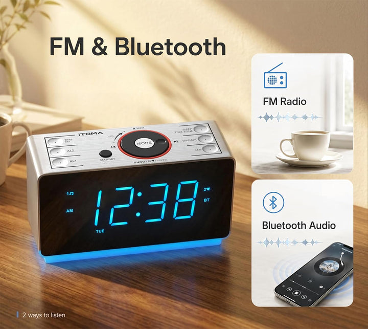 Radioweaker mit Bluetooth Lautsprecher, FM Radio, Dual Wecker mit Snooze, grosse LED Anzeige, Dimmer