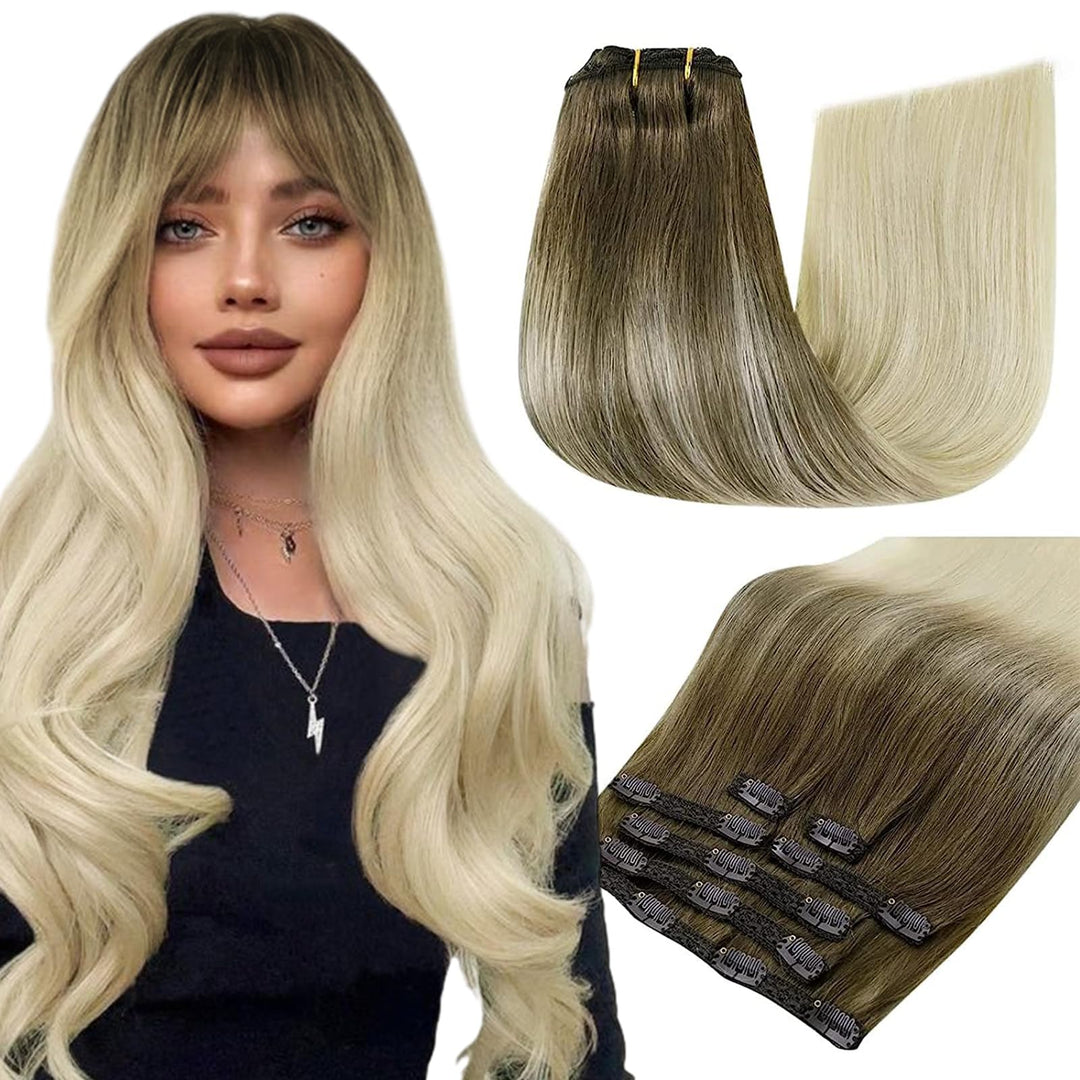 RUNATURE Echthaar Extensions Clip Balayage Braun Blond Clip in Extensions Echthaar 40cm Glatt Haarve