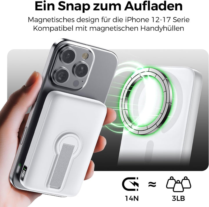 Kabellose Powerbank für Magsafe, 12000mAh Power Bank mit Klappbarem Standfuss, 22.5W PD USB-A Ausgab