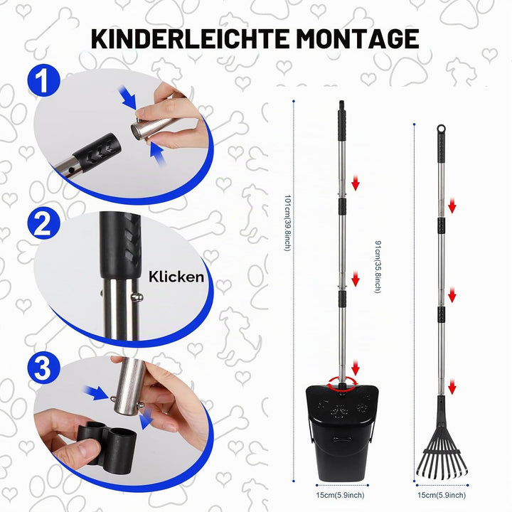 YGNNXRN Hundekotschaufel, 100CM Länge Griff Pooper Scooper Dreheimer, Rechen mit 20 Abfallbeuteln &