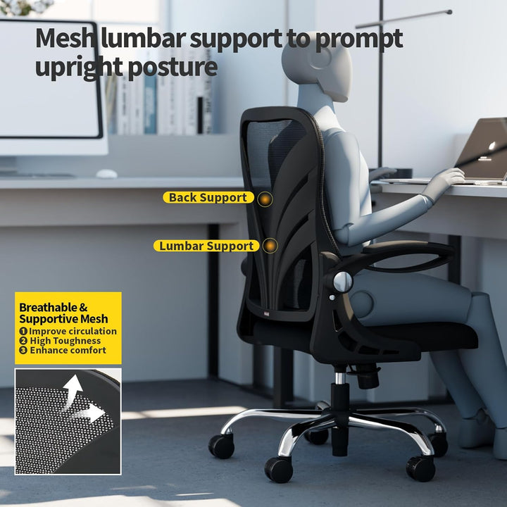 HOLLUDLE Ergonomischer Bürostuhl mit Klappbarer Rückenlehne, Schreibtischstuhl mit Erweitertem Sitz(