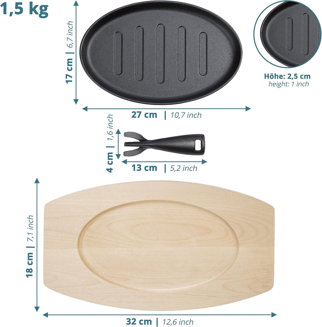 Servierpfannen aus Gusseisen extra Gross mit 27cm – Grillpfännchen inkl FSC Holzuntersetzer 32cm – S