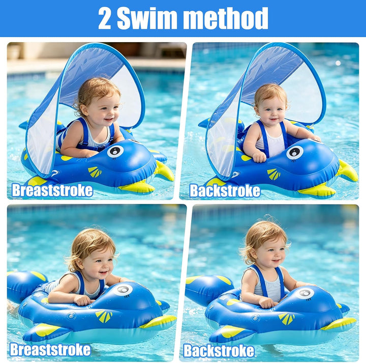 Schwimmring Baby mit Sonnendach Schwimmhilfe mit Sitz Abnehmbares Dach Stabile Form Rochen Design fü