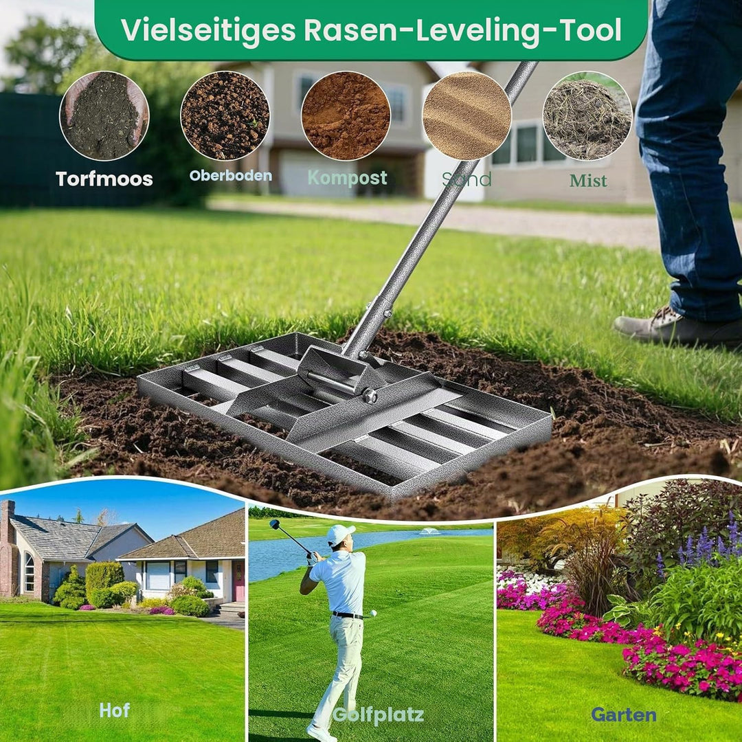 Rasen Nivellierrechen 76×26 cm, Heavy-Duty Garten Rasenrakel aus Karbonstahl, vollverschweisste Nive
