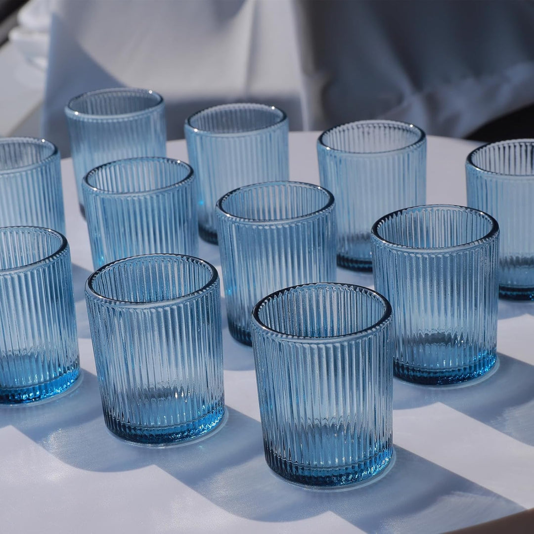Vohocandle Blaue Teelichthalter12er-Set, Gerippter Teelichtgläser-Kerzenhalter für die Tischdekorati