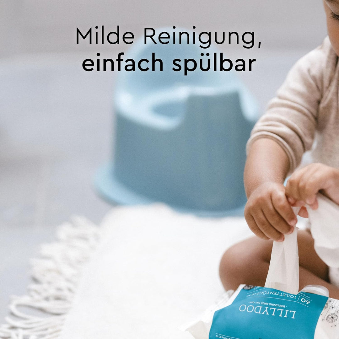 LILLYDOO Feuchte Toilettentücher, 720 Stück (12 x 60), 100% plastikfreies, spülbares Tuch, ohne Parf