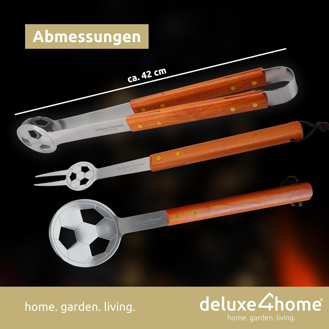 deluxe4home® Grillbesteck im Fussball-Look I Grillset inkl. Grillzange Grillwender Grillschürze Gril