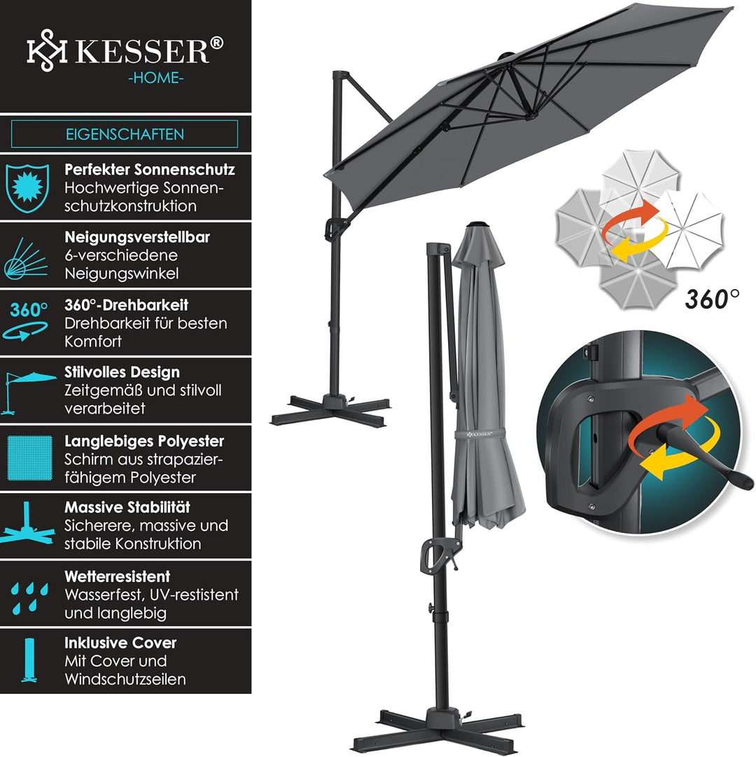 KESSER® Sonnenschirm Ampelschirm Sun Rund XL Ø330 cm Inkl. Abdeckung + Windsicherung 7-Fach Verstell