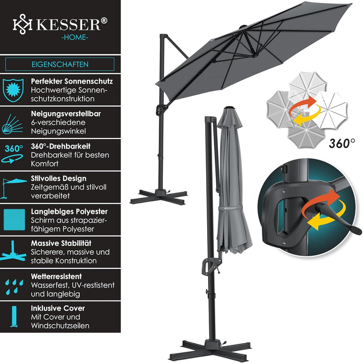 KESSER® Sonnenschirm Ampelschirm Sun Rund XL Ø330 cm Inkl. Abdeckung + Windsicherung 7-Fach Verstell