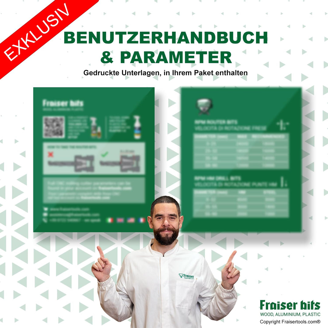 Fraiser Bündigfräser mit Anlaufring unten - 2 HM-Schneiden, Schnitthöhe 50 mm, Schaft 12 mm - für Ob