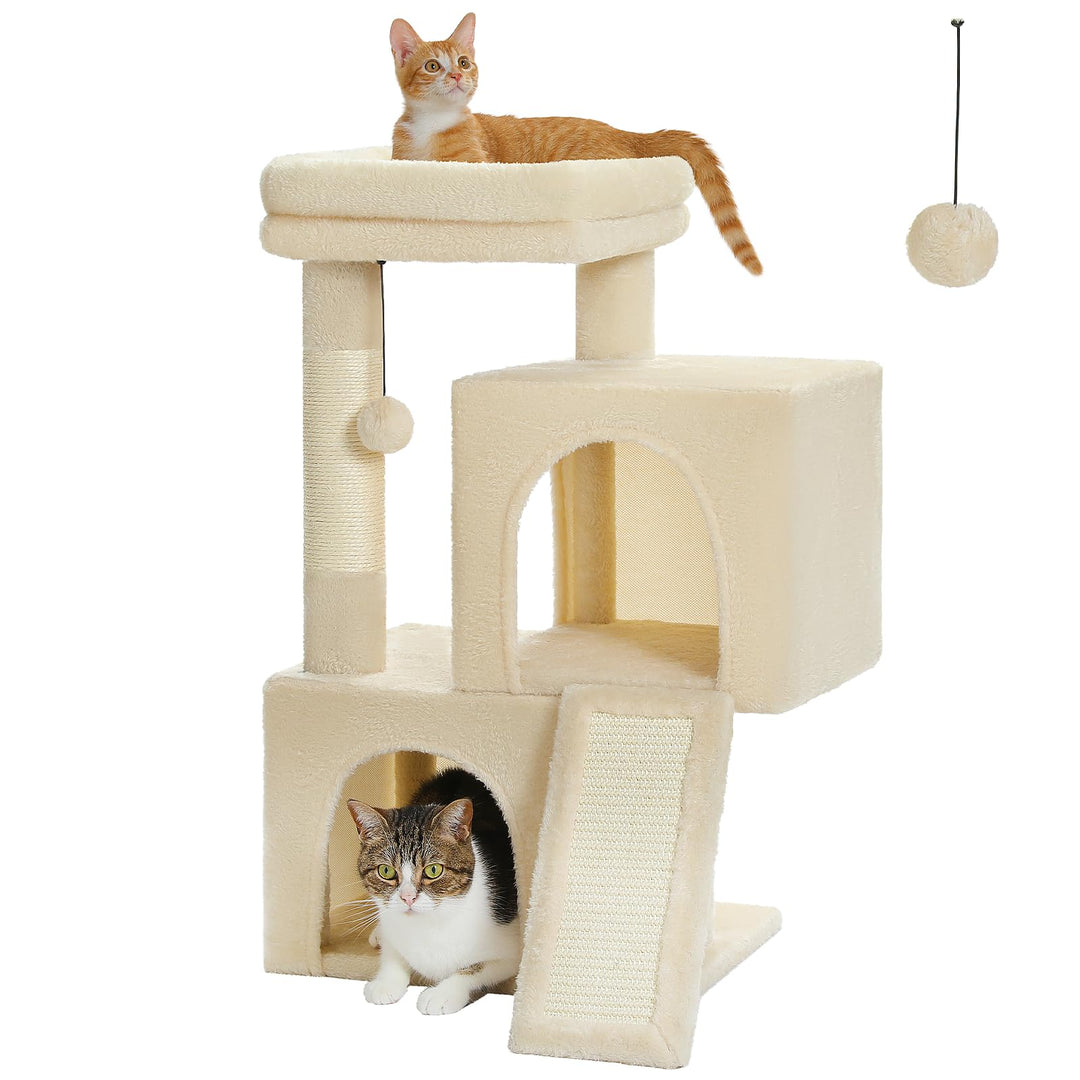 PETEPELA Kratzbaum mit Dual Condos für Wohnungskatzen, All-in-One-Katzenhaus mit gepolsterter Sitzst
