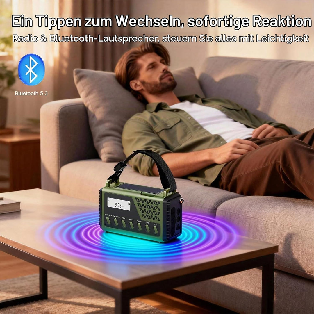 Solar Kurbelradio mit Bluetooth, AM/FM/SW Notfallradio mit 10000mAh USB Powerbank, Radio Batteriebet