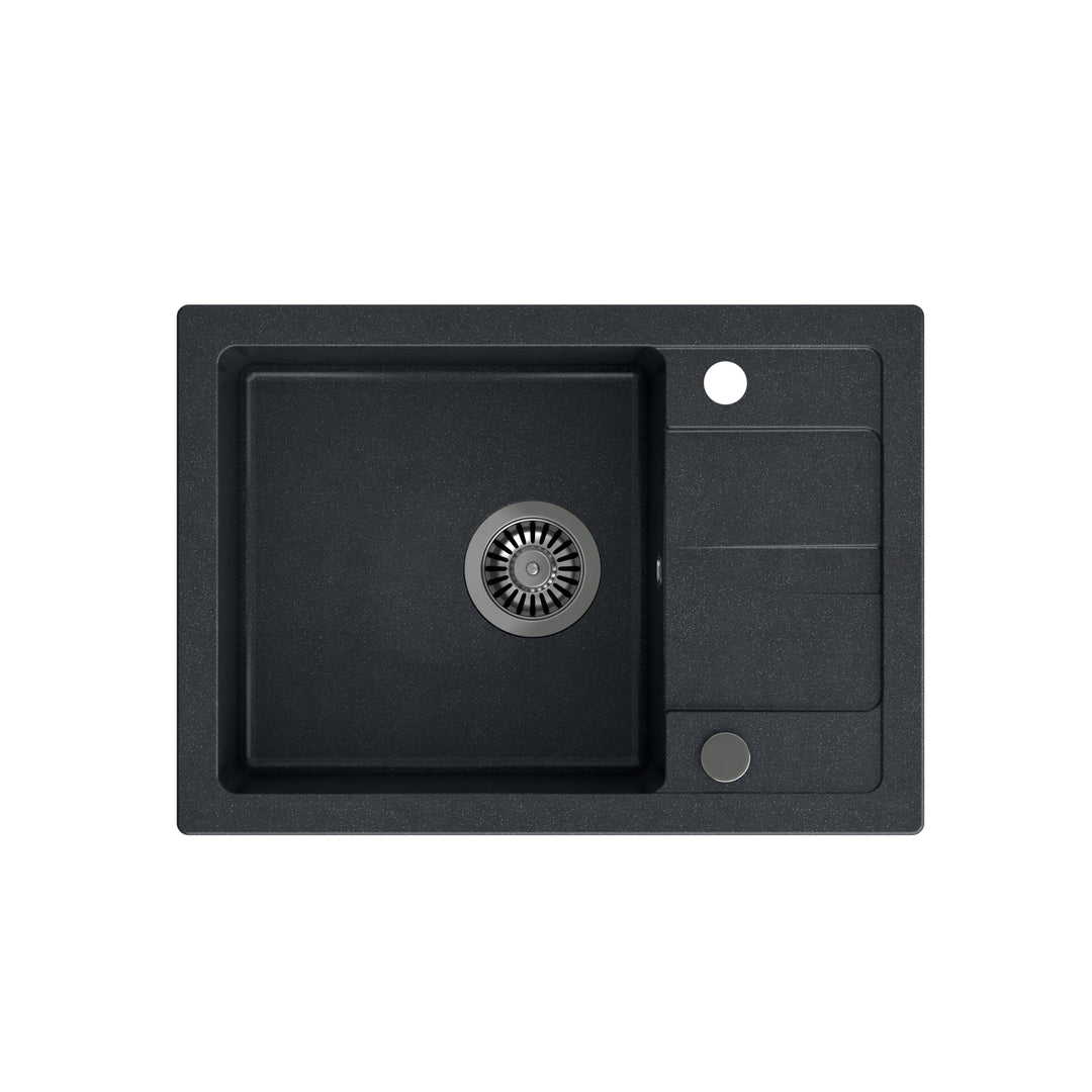 VBChome Spüle 62 x 44 cm Schwarz Granit Einzelbecken Einbauspüle Abtroffläche gesprenkelt reversibel