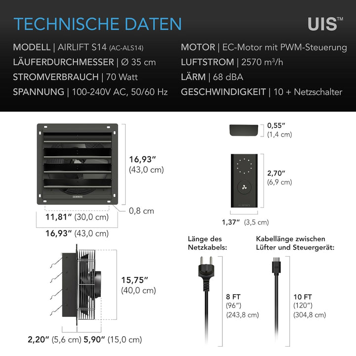 AC Infinity AIRLIFT S14, 350mm-Abluftventilator mit 10-stufigem Drehzahlregler, EC-Motor Wandmontage