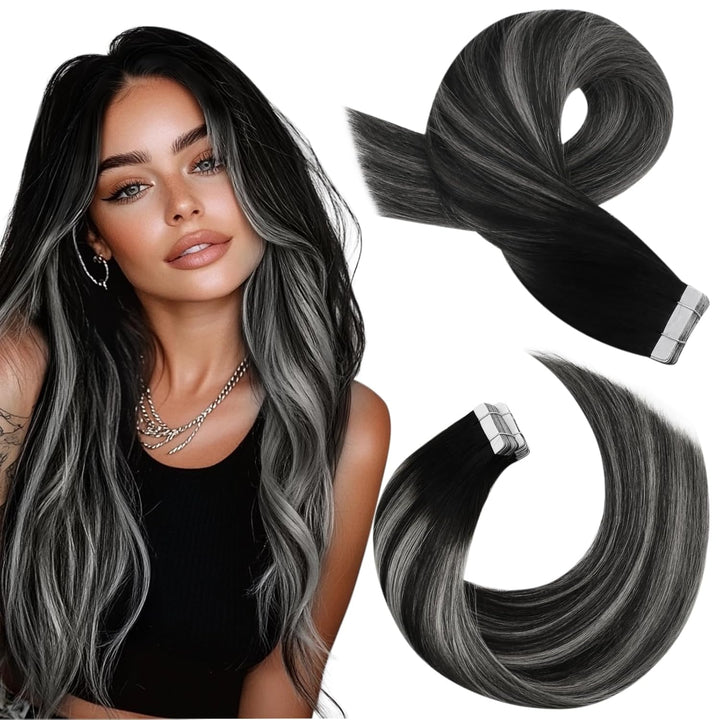 Moresoo Tape in Extensions Schwarz Ombre Silber Remy Echthaar Extensions Tape Balayage Schwarz bis S