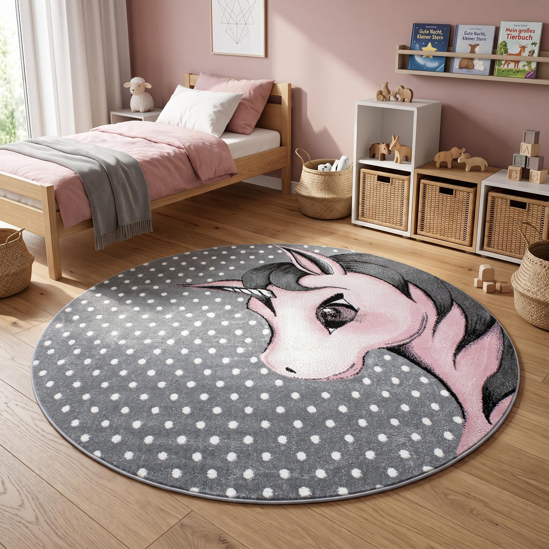 HomebyHome Kinderteppich Kurzflor Einhorn Design Rosa 160 cm Rund- Teppich Kinderzimmer Mädchen Extr