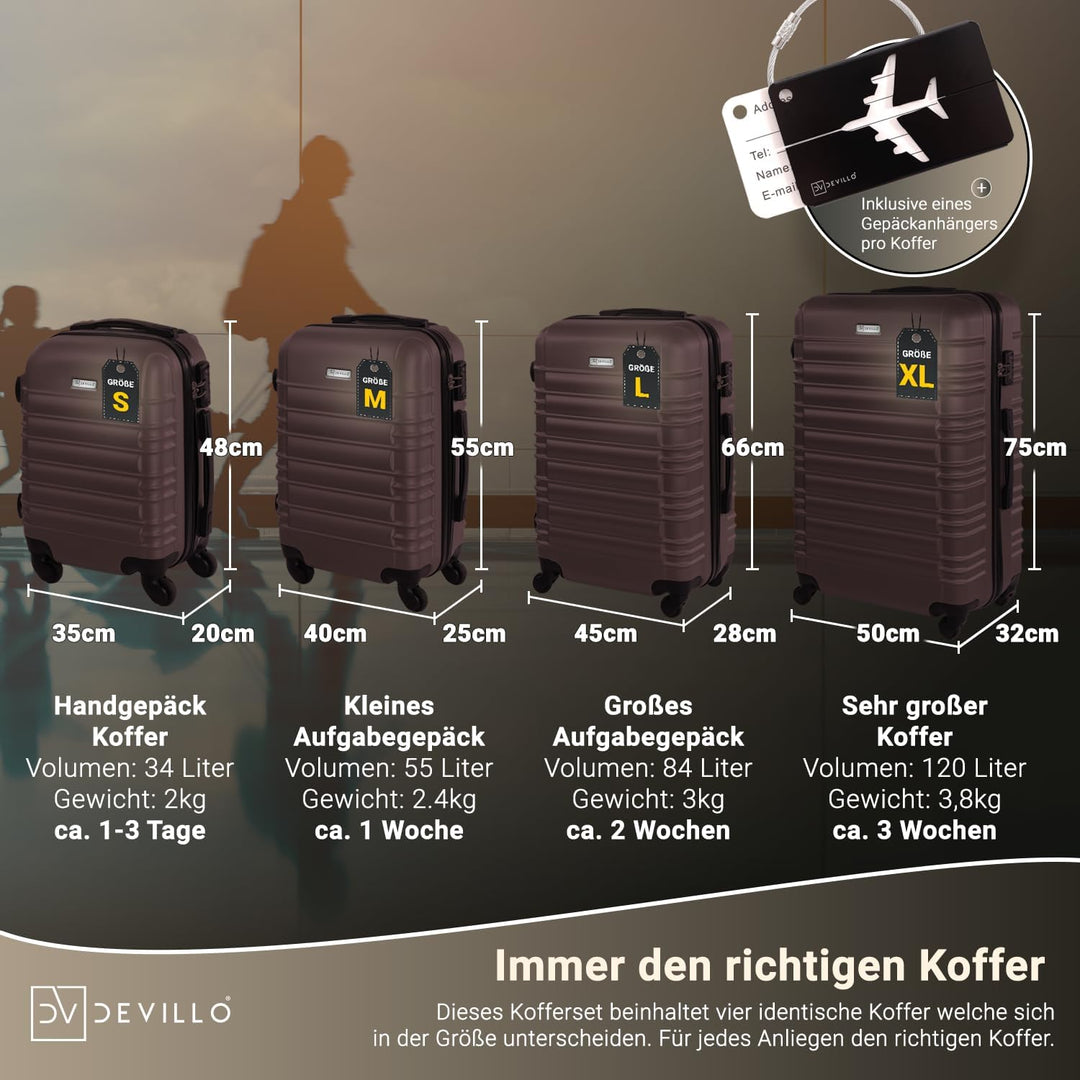 Devillo® Hartschalenkofferset Kofferset 4tlg. S-M-L-XL, Braun - Hard Shell Trolley Koffer Reisekoffe