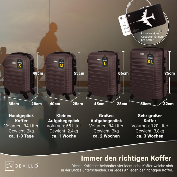 Devillo® Hartschalenkofferset Kofferset 4tlg. S-M-L-XL, Braun - Hard Shell Trolley Koffer Reisekoffe