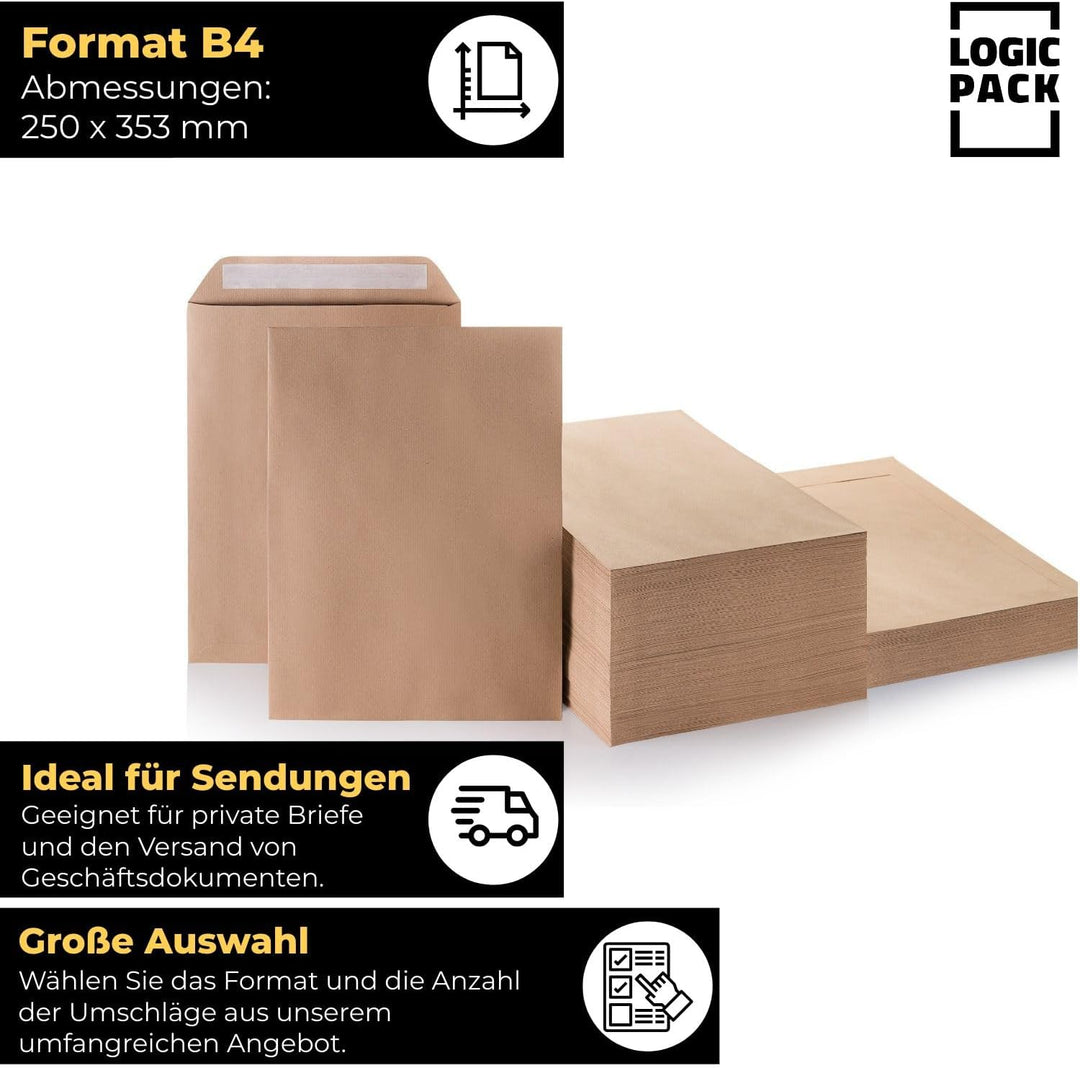 250 Versandtaschen B4 Braun (250x353mm) 100g/m² Briefumschläge Grossbrief Maxibrief für A4 Dokumente