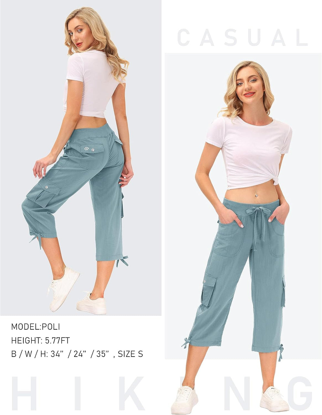 JINSHI Hosen Damen Sommer Cargohose 3/4 Lange Hosen Capri Freizeithose Outdoorhose Wanderhose mit Me